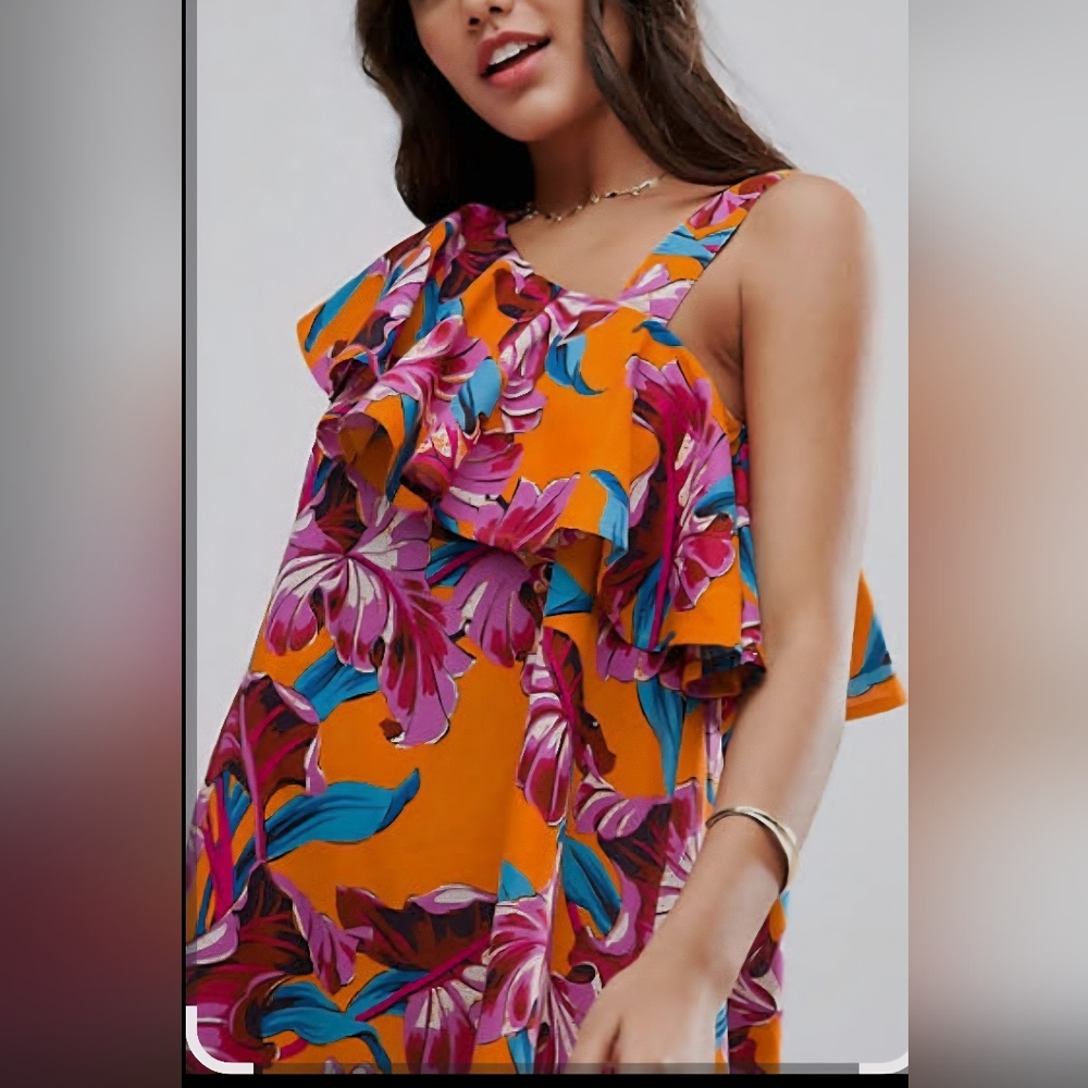 ASOS Plus Size (14) Multicolor Cotton Dress One Shoulder Summer Beach Midi EUC